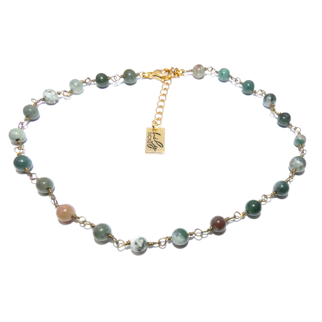 Minimalist Indian Agate 6mm Beaded Rosary Chain Wire Wrapped Choker 12