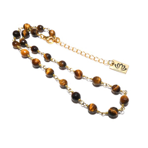 Minimalist Tigers Eye 6mm Beaded Rosary Chain Wire Wrapped Choker 12" + 2" Gold Necklace