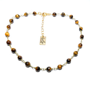 Minimalist Tigers Eye 6mm Beaded Rosary Chain Wire Wrapped Choker 12" + 2" Gold Necklace