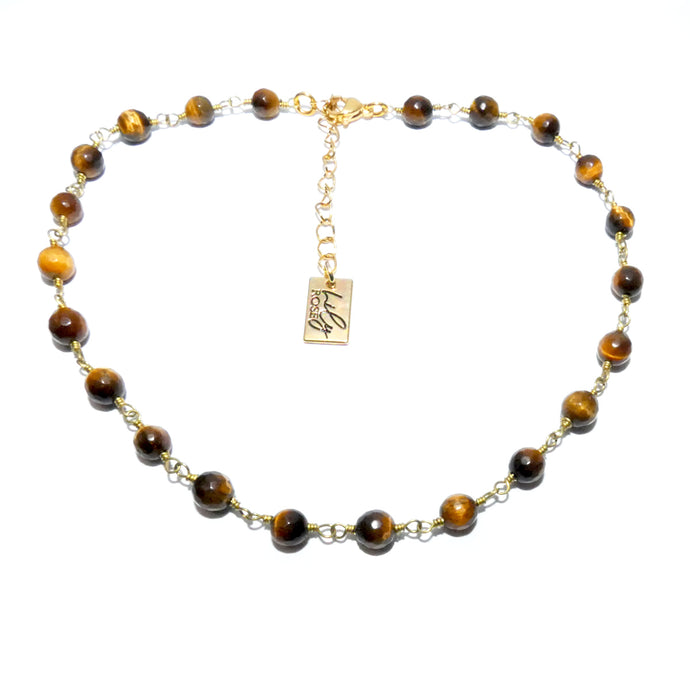 Minimalist Tigers Eye 6mm Beaded Rosary Chain Wire Wrapped Choker 12