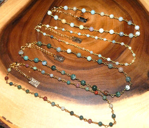 Minimalist Indian Agate 6mm Beaded Rosary Chain Wire Wrapped Choker 12" + 2" Gold Necklace