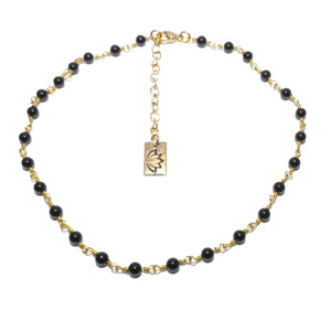 Minimalist Black Onyx 4mm Beaded Rosary Chain Wire Wrapped Choker 12" + 2" Gold Necklace