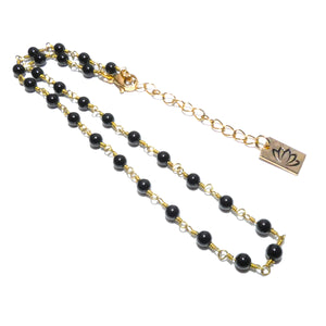 Minimalist Black Onyx 4mm Beaded Rosary Chain Wire Wrapped Choker 12" + 2" Gold Necklace