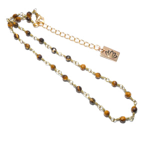 Minimalist Tigers Eye 4mm Beaded Rosary Chain Wire Wrapped Choker 12" + 2" Gold Necklace