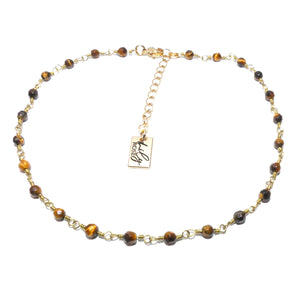 Minimalist Tigers Eye 4mm Beaded Rosary Chain Wire Wrapped Choker 12" + 2" Gold Necklace