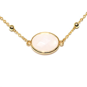 Faceted Gemstone Oval Rose Quartz Pendant Choker 14" + 2" Gold Necklace