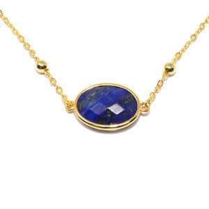 Faceted Gemstone Oval Lapis Lazuli Pendant Choker 14" + 2" Gold Necklace