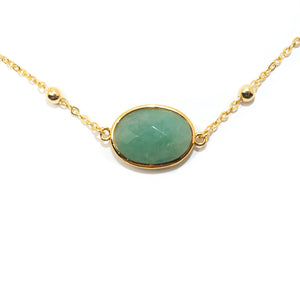 Faceted Gemstone Oval Green Aventurine Pendant Choker 14" + 2" Gold Necklace