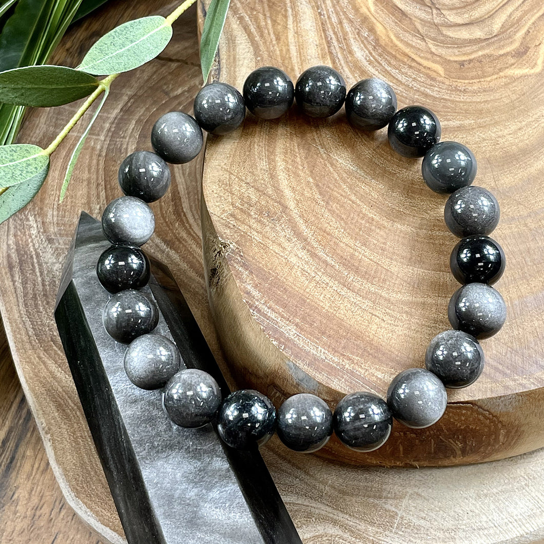 Silver Sheen Obsidian Shamanic Journey 10mm Stretch Bracelet