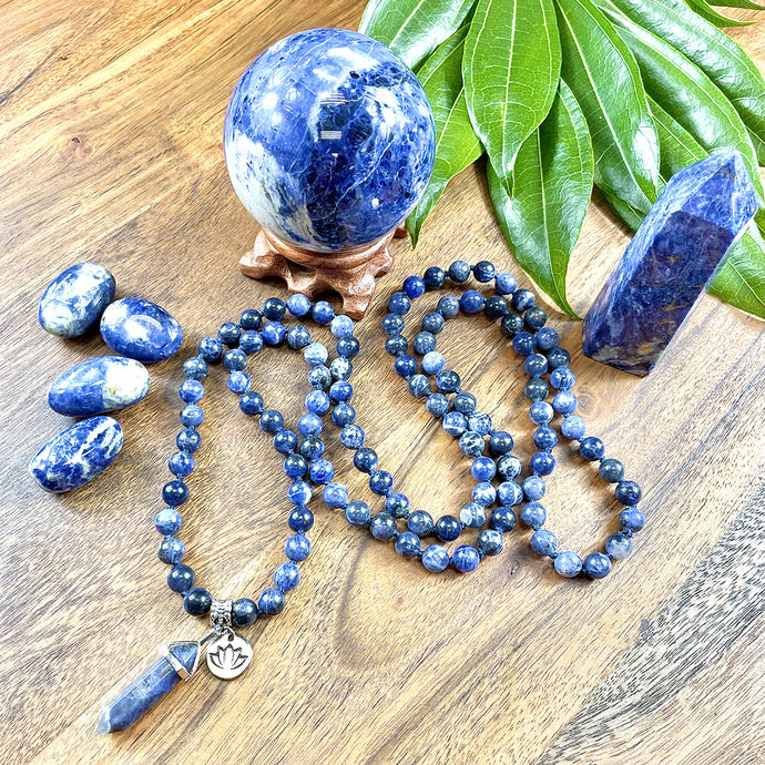 Sodalite Harmony and Truth 108 Hand Knotted Mala with Point Charm Pendant Necklace