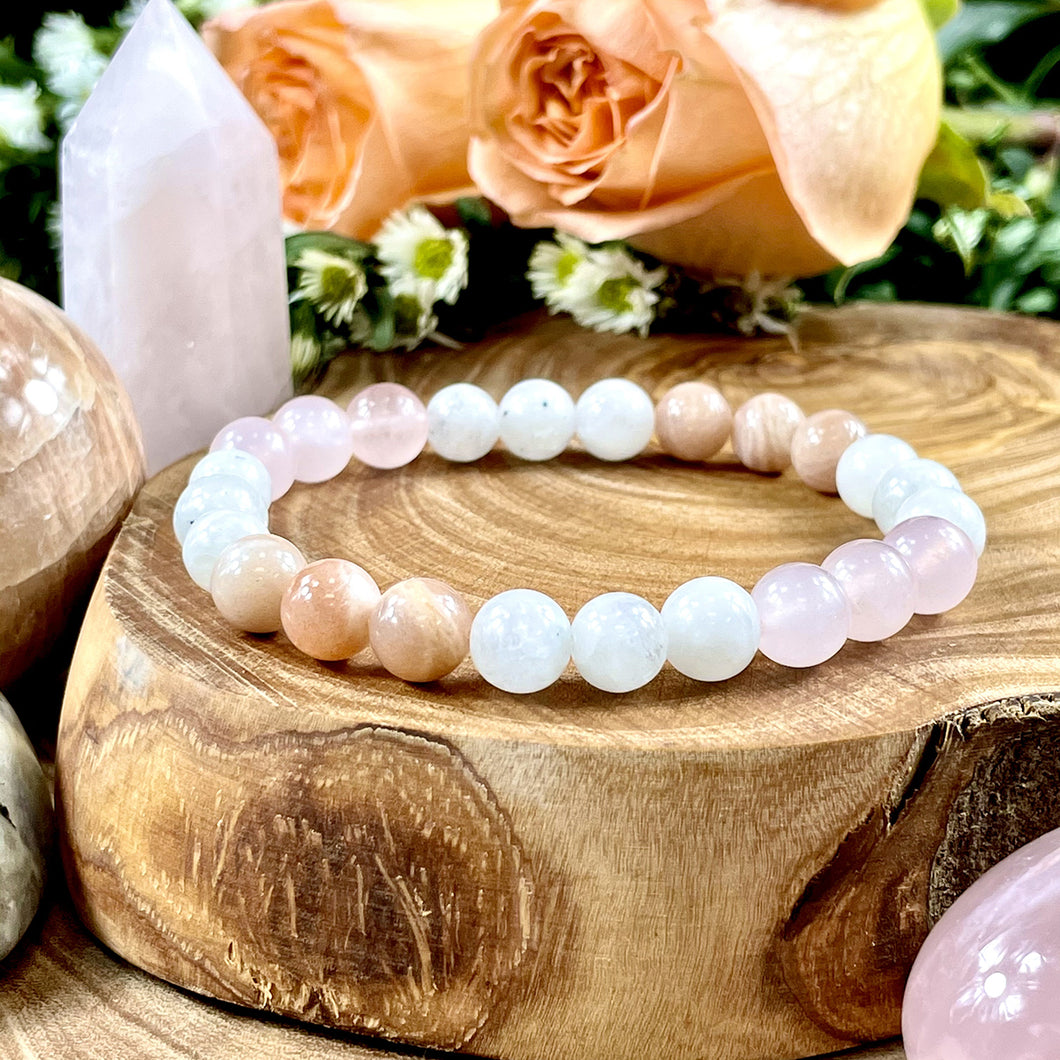 Triple Power Rainbow Moonstone, Peach Moonstone, Rose Quartz Inward Journey of Love Premium Collection 8mm Stretch Bracelet