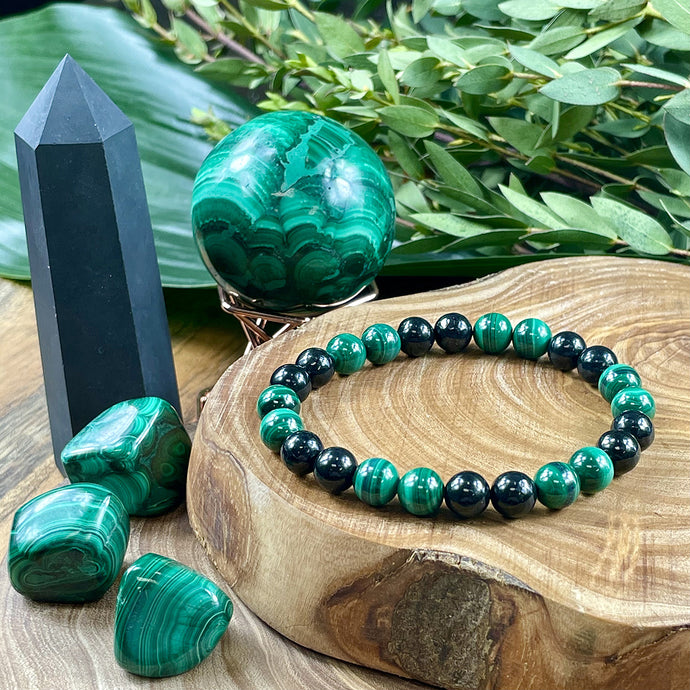 Elite Shungite Malachite Duo Natural Guidance & 5G Protection Premium Collection 8mm Stretch Bracelet