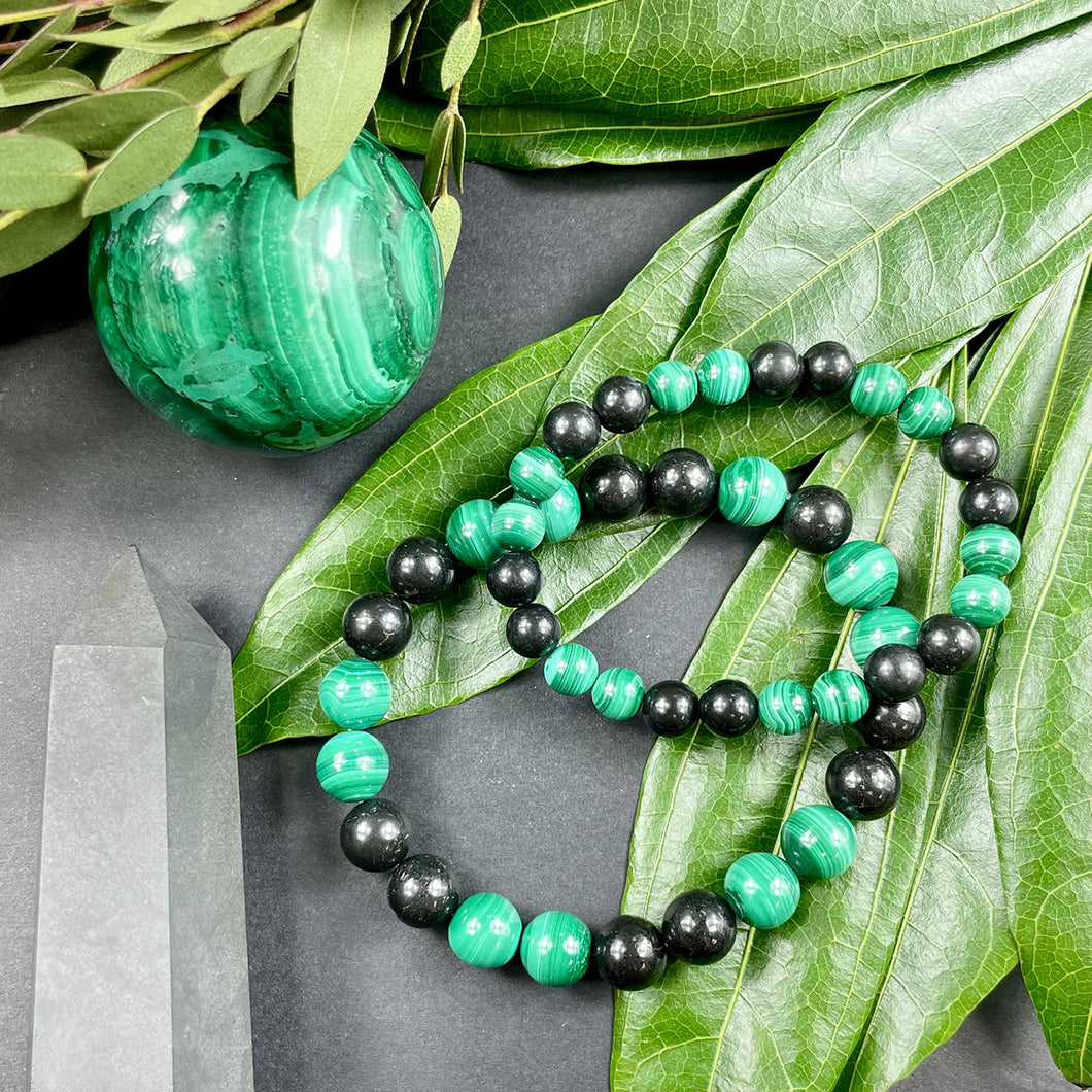 Elite Shungite Malachite Duo Natural Guidance & 5G Protection Premium Collection 10mm Stretch Bracelet