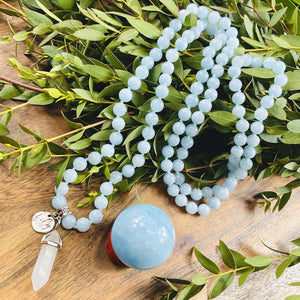 Aquamarine Conscious Awareness Relaxation 108 Hand Knotted Mala with Point Charm Pendant Necklace