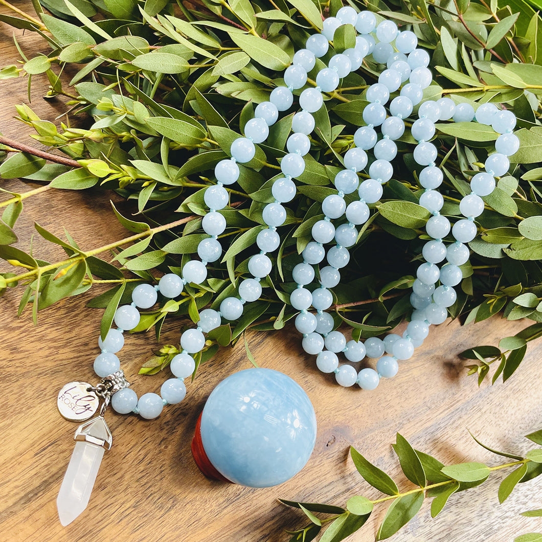 Aquamarine Grade A+ Conscious Awareness Relaxation 108 Hand Knotted Mala with Point Charm Pendant Necklace