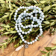 Load image into Gallery viewer, Aquamarine Conscious Awareness Relaxation 108 Hand Knotted Mala with Point Charm Pendant Necklace