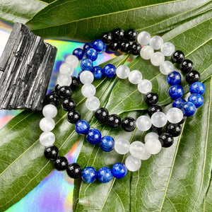 Triple Power Black Tourmaline, Selenite, & Kyanite Security & Spiritual Cleanse Premium Collection 10mm Stretch Bracelet