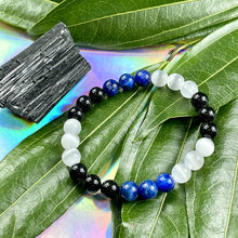 Load image into Gallery viewer, Triple Power Black Tourmaline, Selenite, &amp; Kyanite Security &amp; Spiritual Cleanse Premium Collection 8mm Stretch Bracelet