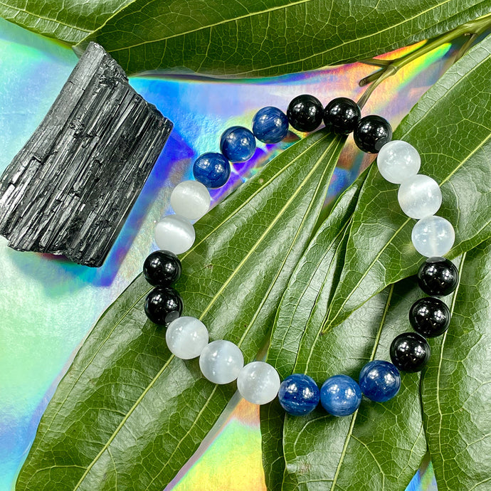 Triple Power Black Tourmaline, Selenite, & Kyanite Security & Spiritual Cleanse Premium Collection 10mm Stretch Bracelet