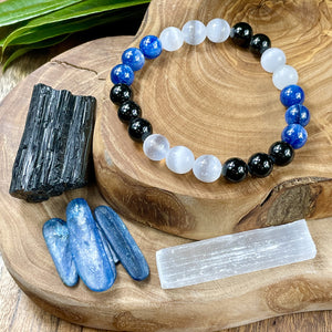 Triple Power Black Tourmaline, Selenite, & Kyanite Security & Spiritual Cleanse Premium Collection 10mm Stretch Bracelet