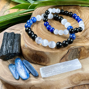 Triple Power Black Tourmaline, Selenite, & Kyanite Security & Spiritual Cleanse Premium Collection 10mm Stretch Bracelet