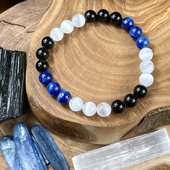 Triple Power Black Tourmaline, Selenite, & Kyanite Security & Spiritual Cleanse Premium Collection 8mm Stretch Bracelet