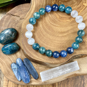 Triple Power Blue Apatite, Selenite, & Kyanite Psychic Gifts & Spiritual Attunement Premium Collection 10mm Stretch Bracelet