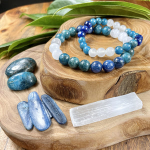 Triple Power Blue Apatite, Selenite, & Kyanite Psychic Gifts & Spiritual Attunement Premium Collection 10mm Stretch Bracelet
