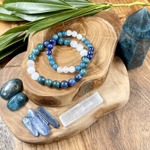 Last 2! Triple Power Blue Apatite, Selenite, & Kyanite Psychic Gifts & Spiritual Attunement Premium Collection 8mm Stretch Bracelet