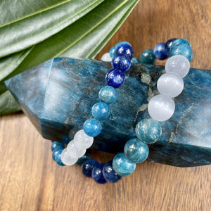 Triple Power Blue Apatite, Selenite, & Kyanite Psychic Gifts & Spiritual Attunement Premium Collection 10mm Stretch Bracelet