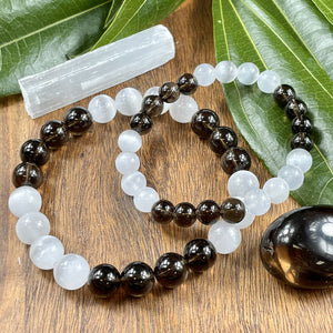 Smoky Quartz Selenite Satin Spar DUO Cloak of Strength Premium Collection 10mm Stretch Bracelet