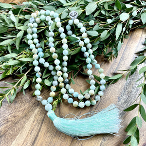 Australian Amazonite Clarity 108 Hand Knotted Mala with Green Tassel Necklace