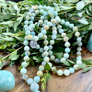 Australian Amazonite Clarity 108 Hand Knotted Mala with Green Tassel Necklace