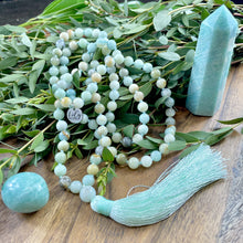 Load image into Gallery viewer, Australian Amazonite Clarity 108 Hand Knotted Mala with Green Tassel Necklace