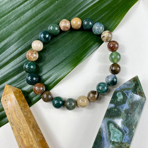 Moss Agate & Petrified Wood Wealth, Abundance & Pain Relief Premium Collection 10mm Stretch Bracelet