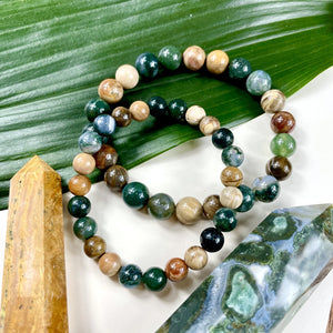 Moss Agate & Petrified Wood Wealth, Abundance & Pain Relief Premium Collection 10mm Stretch Bracelet