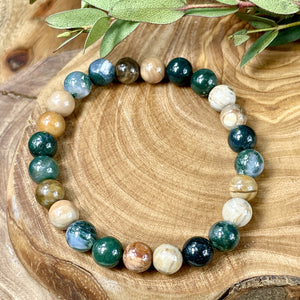 Moss Agate & Petrified Wood Wealth, Abundance & Pain Relief Premium Collection 10mm Stretch Bracelet