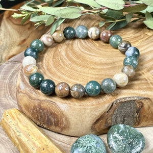 Moss Agate & Petrified Wood Wealth, Abundance & Pain Relief Premium Collection 8mm Stretch Bracelet