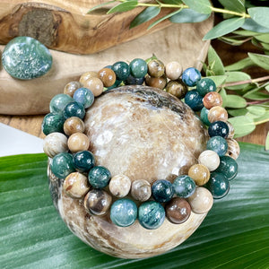 Moss Agate & Petrified Wood Wealth, Abundance & Pain Relief Premium Collection 8mm Stretch Bracelet