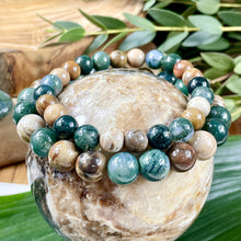 Load image into Gallery viewer, Moss Agate &amp; Petrified Wood Wealth, Abundance &amp; Pain Relief Premium Collection 10mm Stretch Bracelet