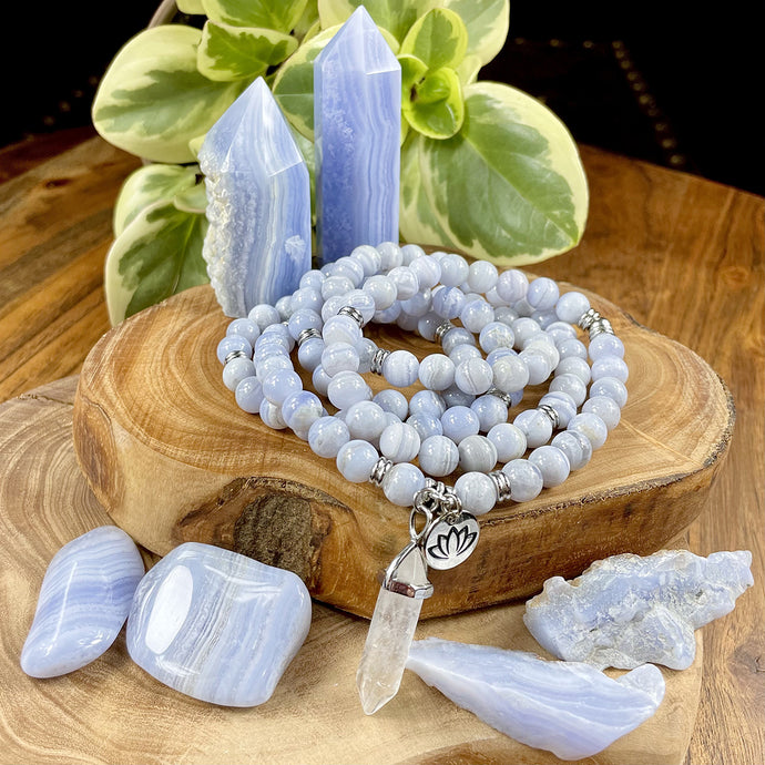 Limited Grade A Blue Lace Agate Goddess Relaxation 108 Stretch Mala Necklace Bracelet