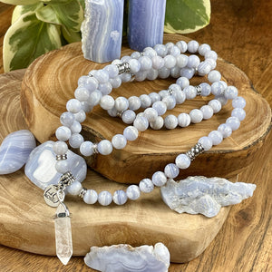 Limited Grade A Blue Lace Agate Goddess Relaxation 108 Stretch Mala Necklace Bracelet