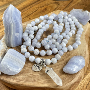 Limited Grade A Blue Lace Agate Goddess Relaxation 108 Hand Knotted Mala with Point Charm Pendant Necklace