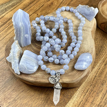Load image into Gallery viewer, Limited Grade A- Blue Lace Agate Chalcedony Goddess Relaxation 108 Hand Knotted Mala with Point Charm Pendant Necklace
