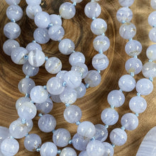 Load image into Gallery viewer, Limited Grade A- Blue Lace Agate Chalcedony Goddess Relaxation 108 Hand Knotted Mala with Point Charm Pendant Necklace