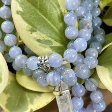 Load image into Gallery viewer, Limited Grade A- Blue Lace Agate Chalcedony Goddess Relaxation 108 Hand Knotted Mala with Point Charm Pendant Necklace