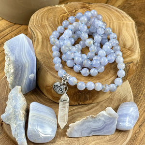 Limited Grade A- Blue Lace Agate Chalcedony Goddess Relaxation 108 Hand Knotted Mala with Point Charm Pendant Necklace