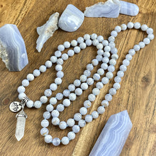 Load image into Gallery viewer, Limited Grade A Blue Lace Agate Goddess Relaxation 108 Hand Knotted Mala with Point Charm Pendant Necklace