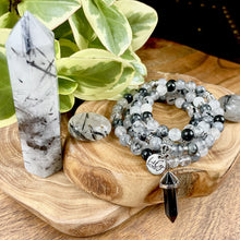 Load image into Gallery viewer, Tourmalinated Quartz Black Tourmaline in Clear Quartz Master Healing 108 Mala Necklace Bracelet