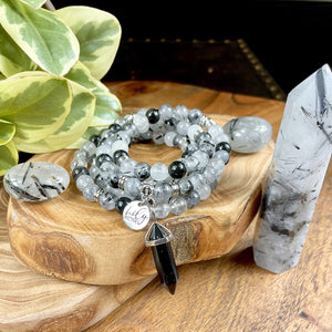 Tourmalinated Quartz Black Tourmaline in Clear Quartz Master Healing 108 Mala Necklace Bracelet